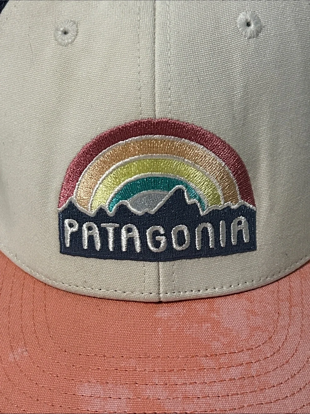 Patagonia Kids Trucker Hat with Rainbow Patch in Cream, Coral & Navy